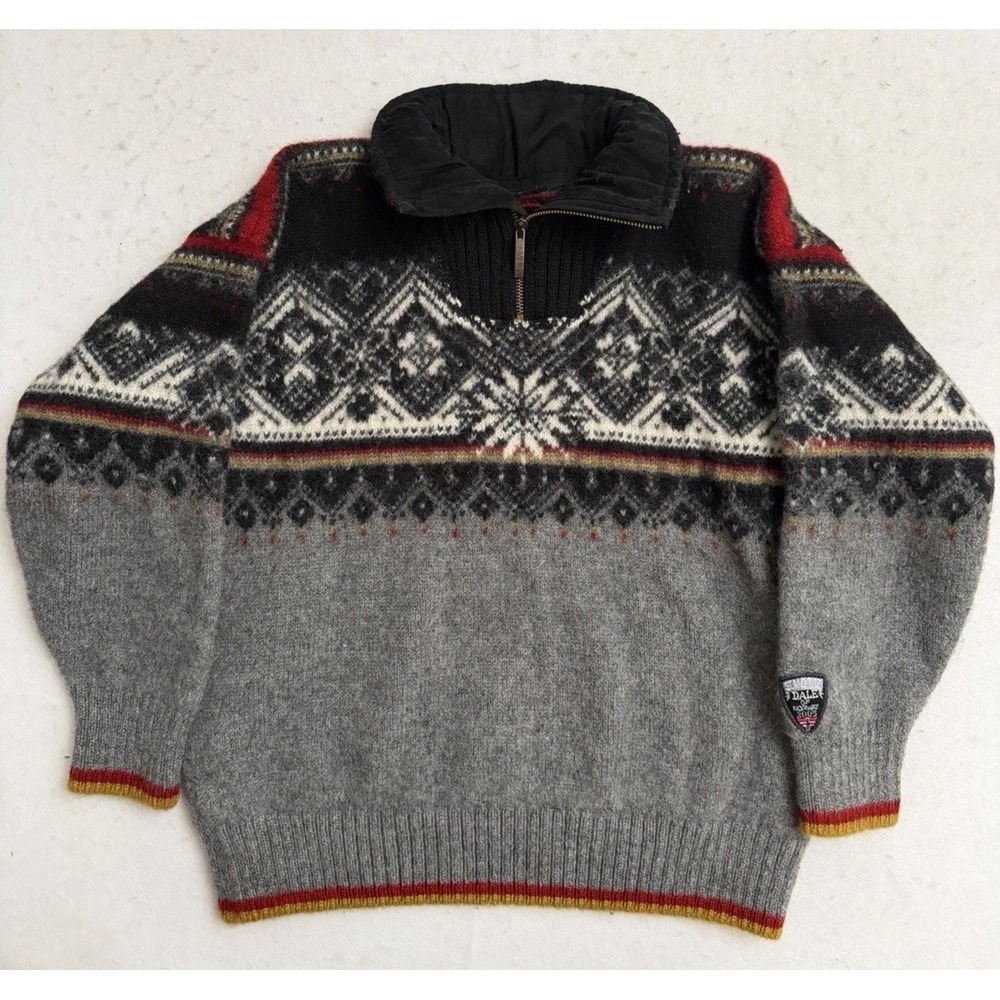 Dale Of Norway Wool Knit Sweater Nordic Fair Isle Zip Men's Size S Gray VTG